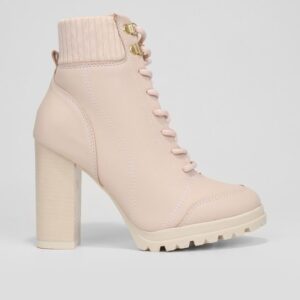 Bota Coturno Cano Curto Vizzano knit Salto Alto Grosso Feminina - Off White