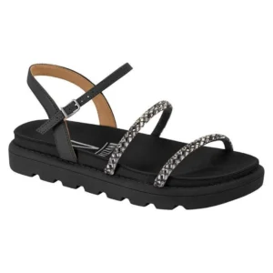 Sandália Rasteira Papete Feminina Strass Brilho Flat Tratorada Confortável - Preto