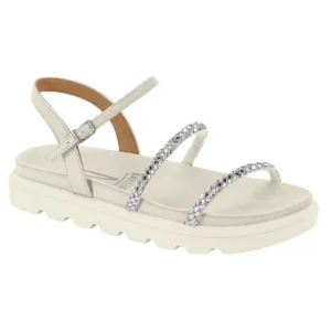 Sandália Rasteira Papete Feminina Strass Brilho Flat Tratorada Confortável - Off White
